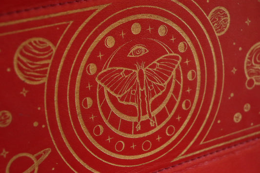 Dice Tray - Luna Moth Gold Inlay - Brown bottom, red stitching