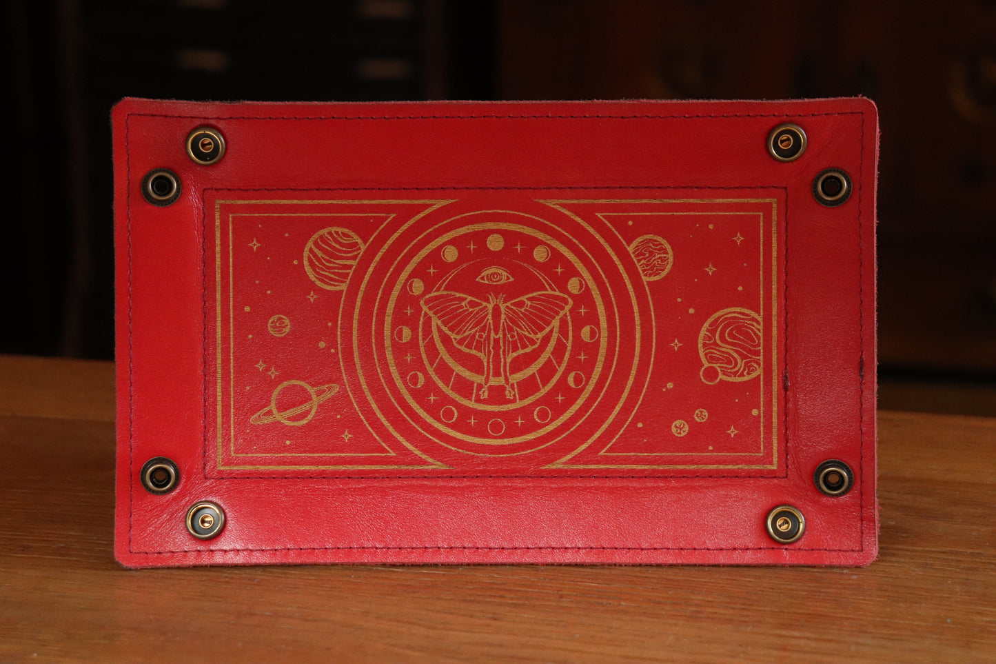 Dice Tray - Luna Moth Gold Inlay - Red bottom, red stitching