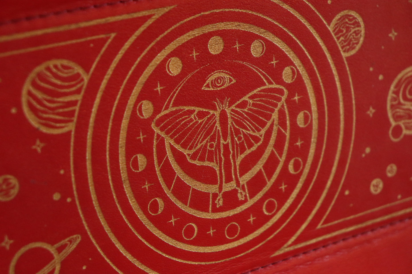 Dice Tray - Luna Moth Gold Inlay - Red bottom, red stitching
