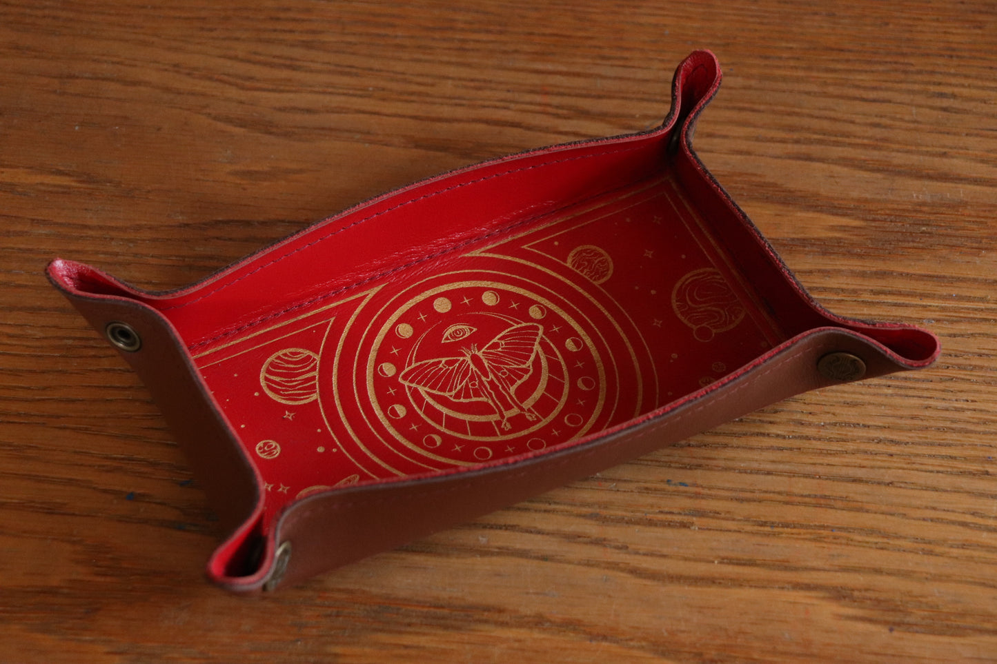 Dice Tray - Luna Moth Gold Inlay - Red bottom, red stitching