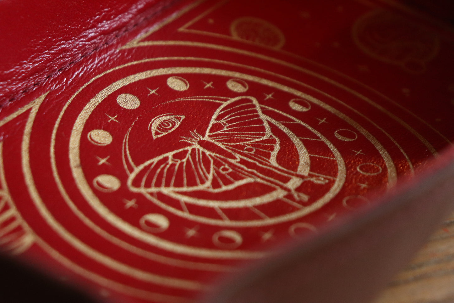 Dice Tray - Luna Moth Gold Inlay - Red bottom, red stitching